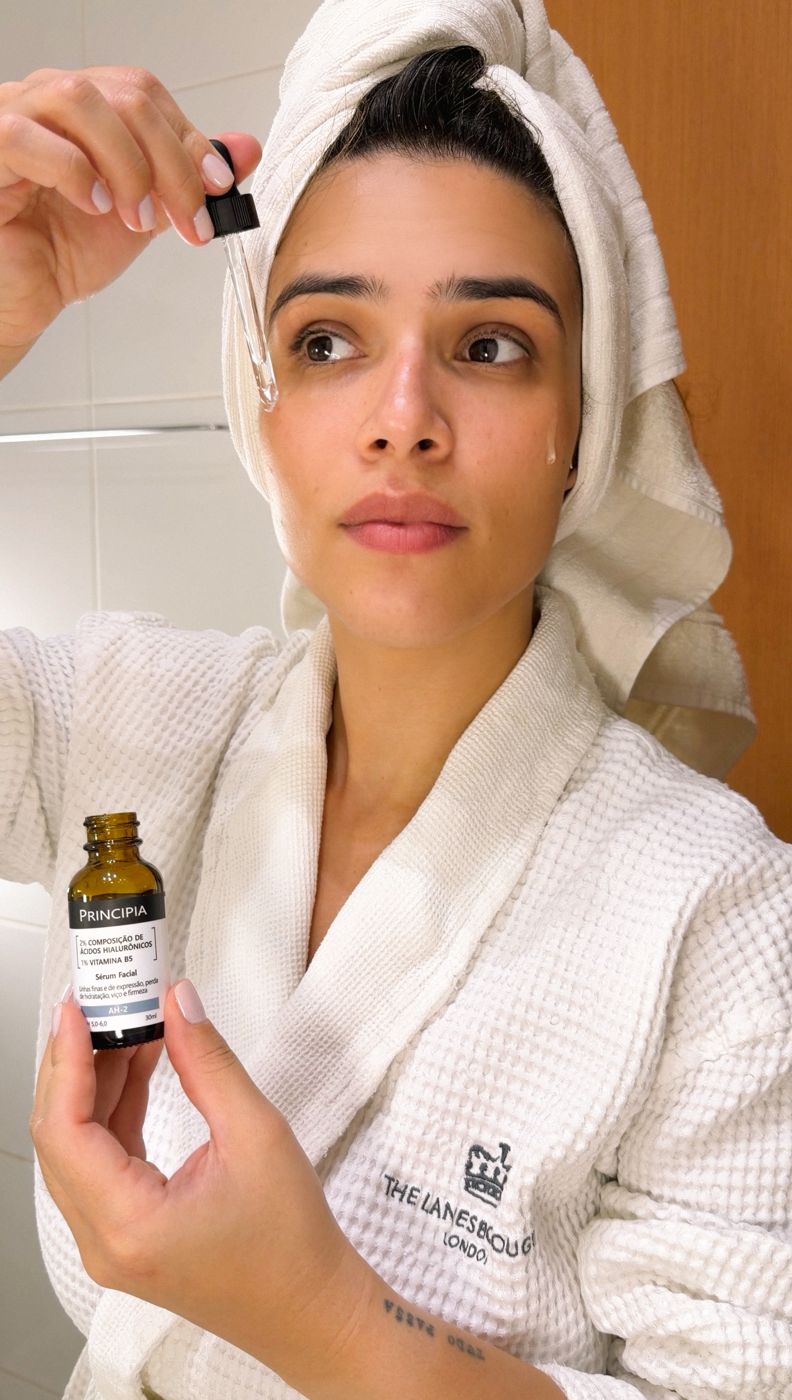 Karine mostrando sérum facial